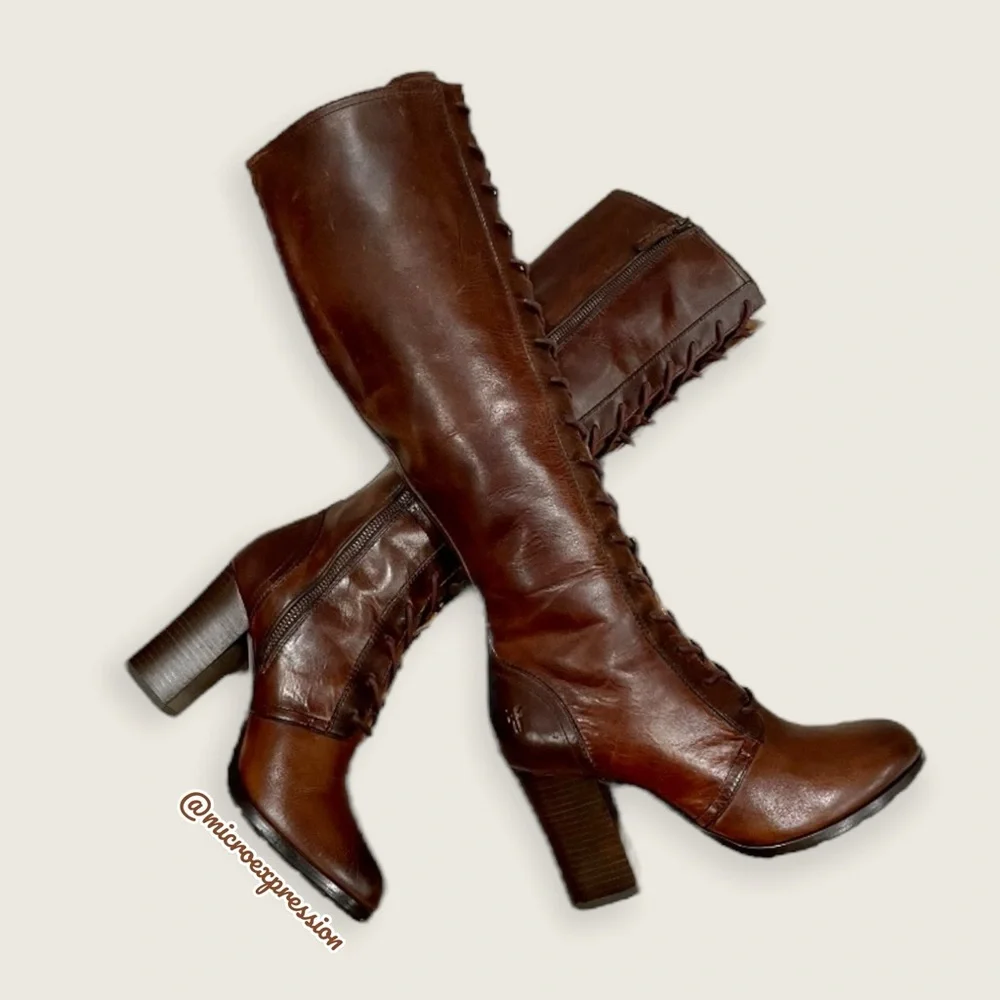 $699 Frye Parker Lace-Up Victorian Brown Leather Tall Bohemian Knee High Boot - Picture 15 of 16